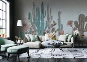 carta da parati-artistica moderna collezione fantasia cactus rosa e verde a Varese