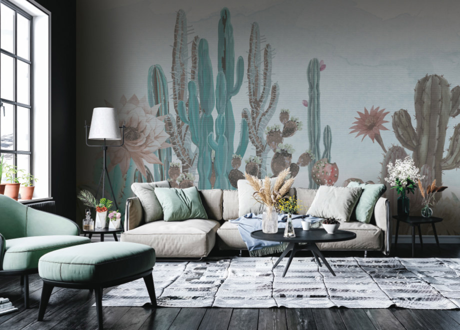carta da parati-artistica moderna collezione fantasia cactus rosa e verde a Varese